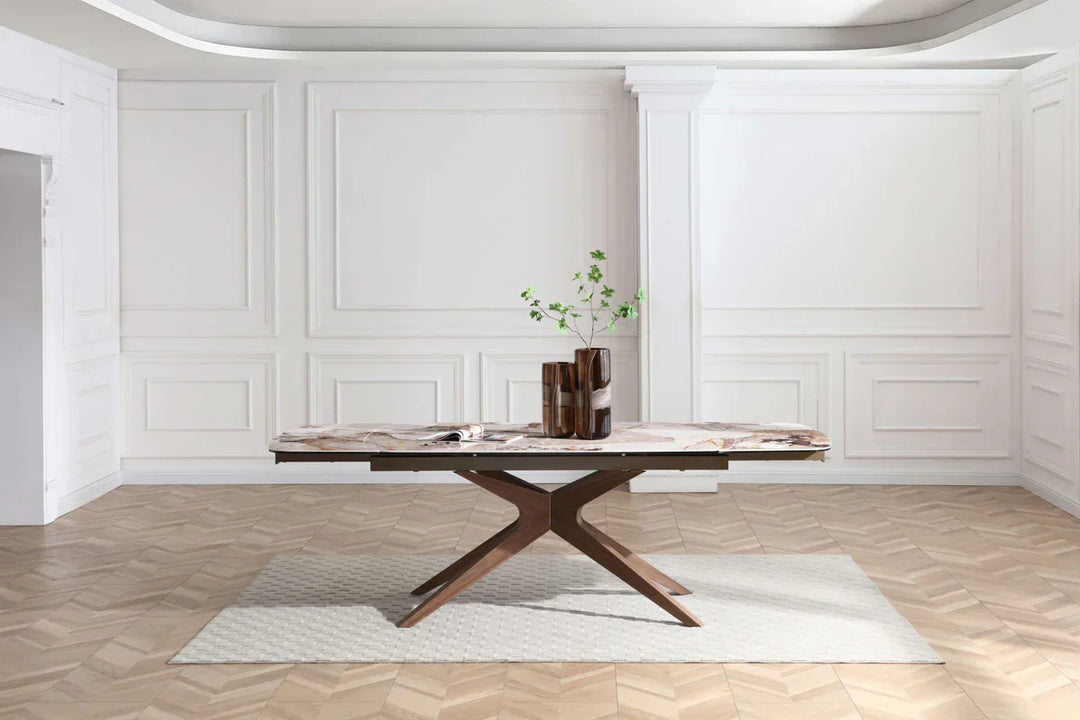Serene 160-240cm Italian Walnut & Pandora Vendome Ceramic Marble Side Extending Dining Table With Clara Walnut Wooden Dining Chairs