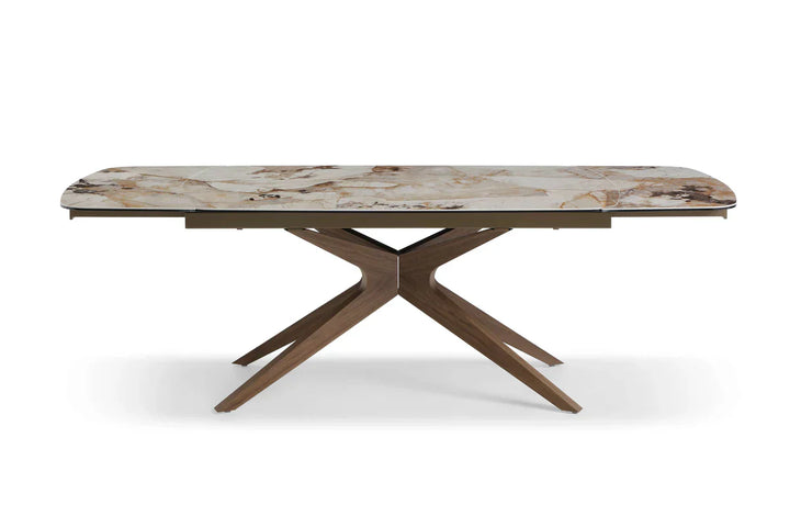 Serene 160-240cm Italian Walnut & Pandora Vendome Ceramic Marble Side Extending Dining Table With Clara Walnut Wooden Dining Chairs
