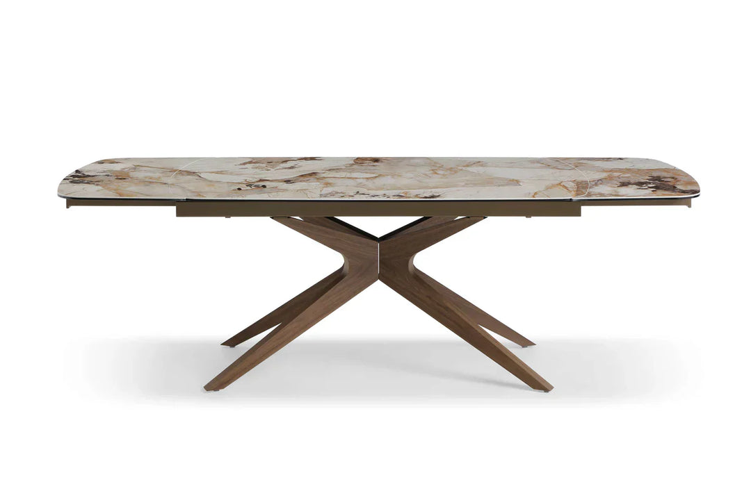 Serene 160-240cm Italian Walnut & Pandora Vendome Ceramic Marble Side Extending Dining Table With Milo Walnut Wooden Dining Chairs