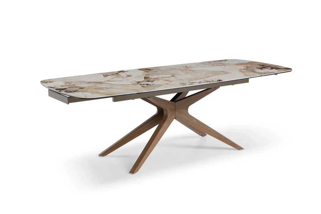 Serene 160-240cm Italian Walnut & Pandora Vendome Ceramic Marble Side Extending Dining Table With Clara Walnut Wooden Dining Chairs