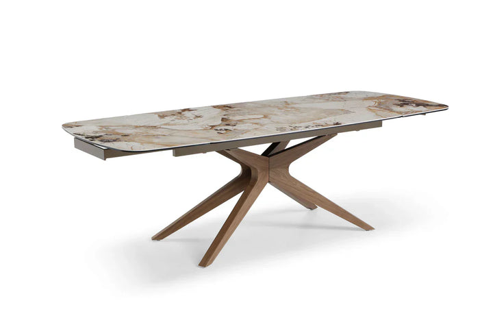 Serene 160-240cm Italian Walnut & Pandora Vendome Ceramic Marble Side Extending Dining Table With Clara Walnut Wooden Dining Chairs