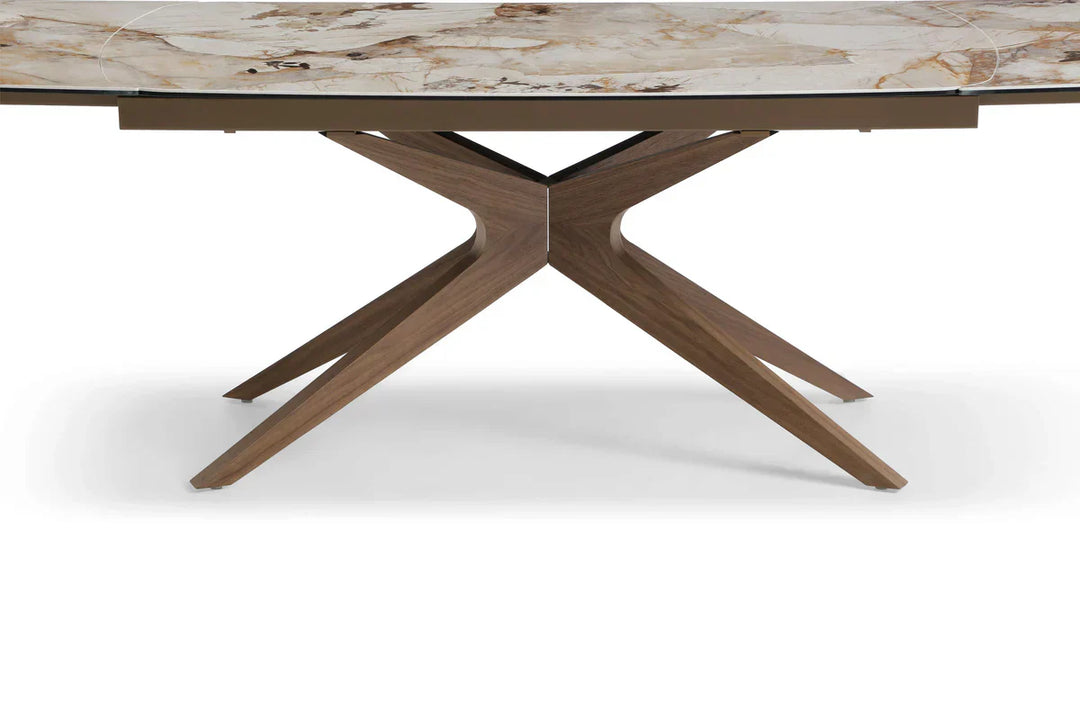 Serene 160-240cm Italian Walnut & Pandora Vendome Ceramic Marble Side Extending Dining Table With Clara Walnut Wooden Dining Chairs