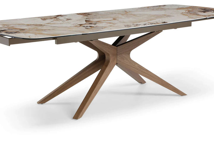 Serene 160-240cm Italian Walnut & Pandora Vendome Ceramic Marble Side Extending Dining Table With Milo Walnut Wooden Dining Chairs