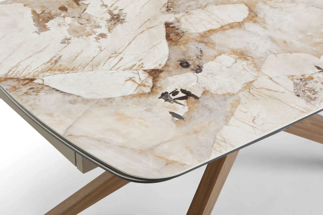 Serene 160-240cm Italian Walnut & Pandora Vendome Ceramic Marble Side Extending Dining Table With Clara Walnut Wooden Dining Chairs