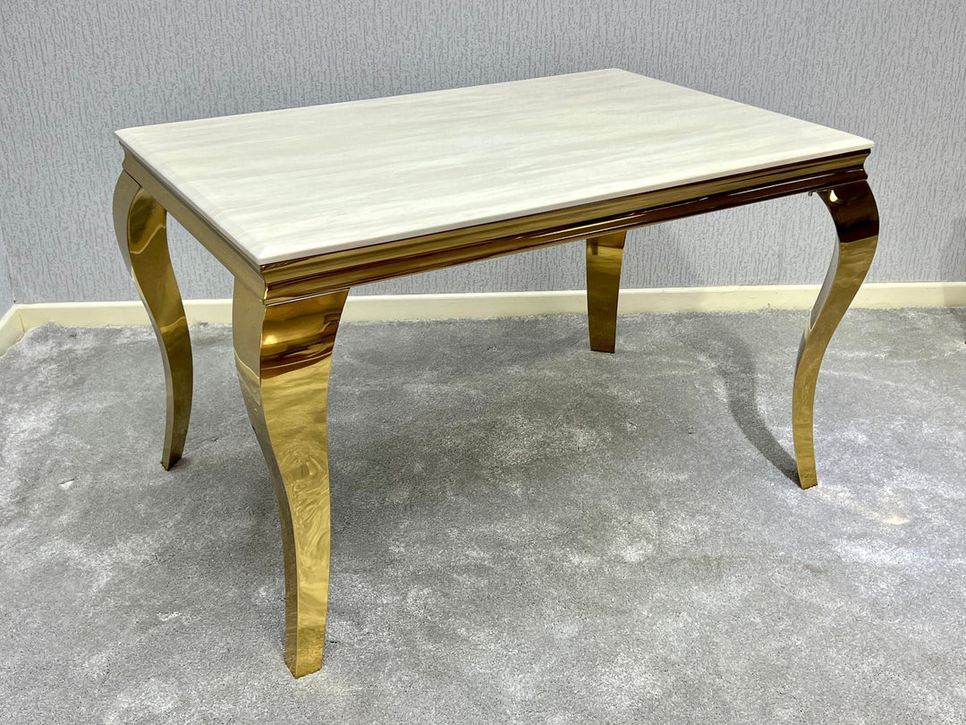 Louis Marble & Gold Dining Table With Shimmer Gold Lion Knocker Dining Chairs