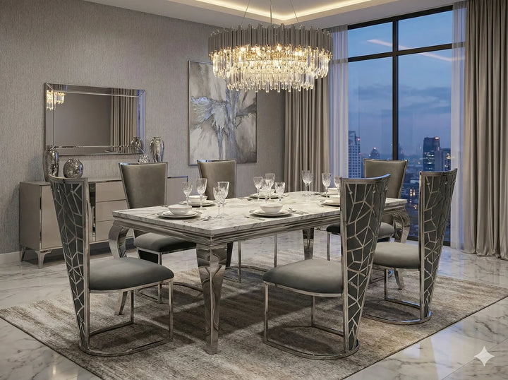 Louis Marble & Chrome Dining Table With Florence Grey High Back Velvet Chairs