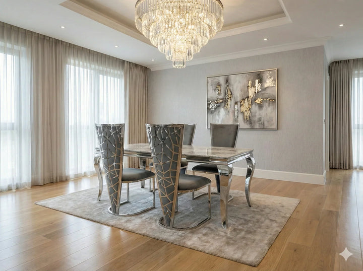 Louis Marble & Chrome Dining Table With Florence Grey High Back Velvet Chairs