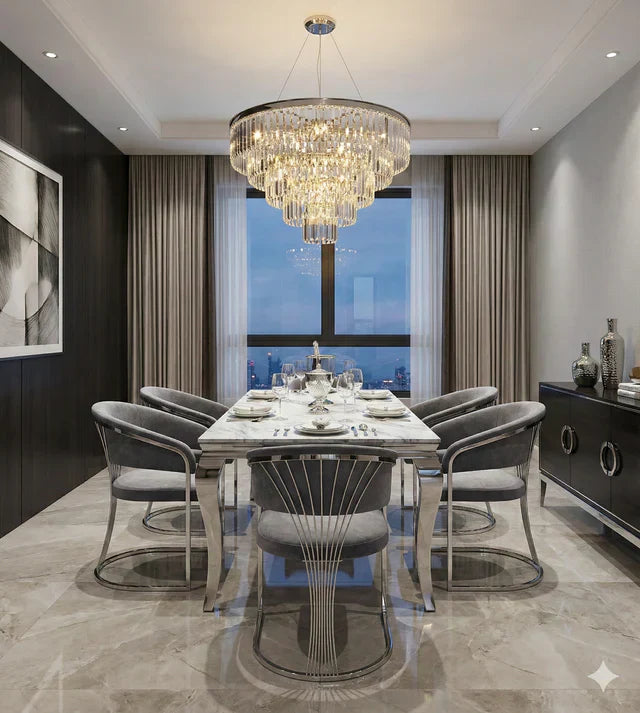 Louis Marble & Chrome Dining Table With Porto Grey Fabric Chairs