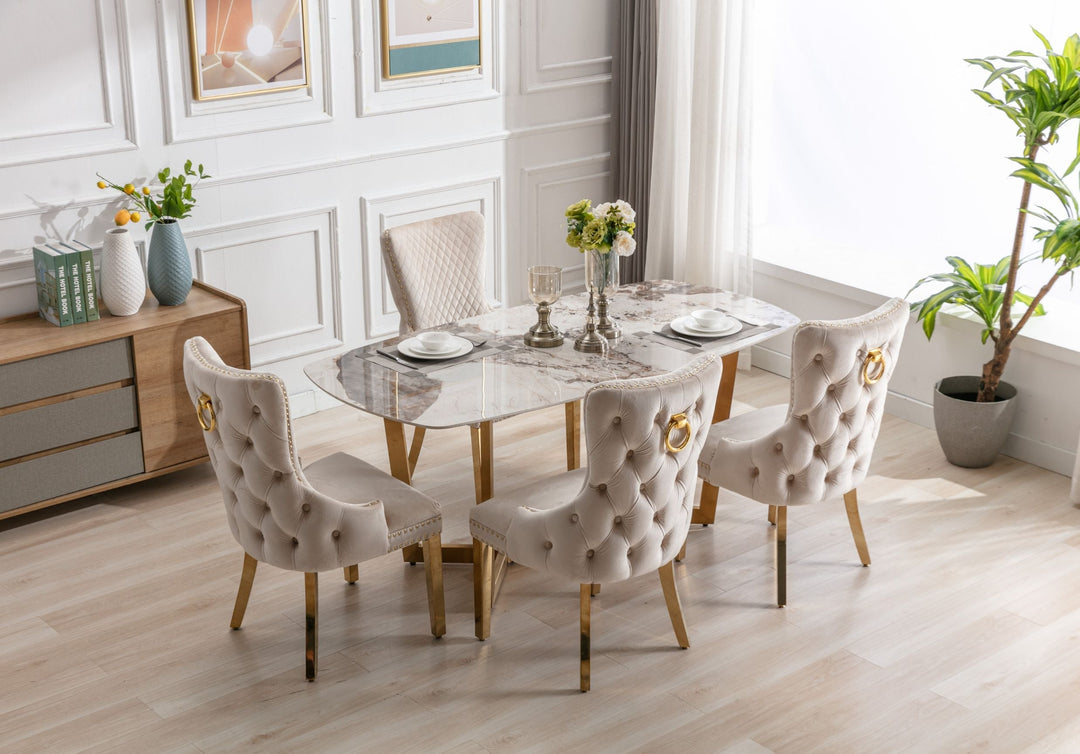 Lucien 180cm Gold Oval Dining Table with Pandora Gold Ceramic Marble Top + Cream/Gold  Ring Knocker Velvet Chairs