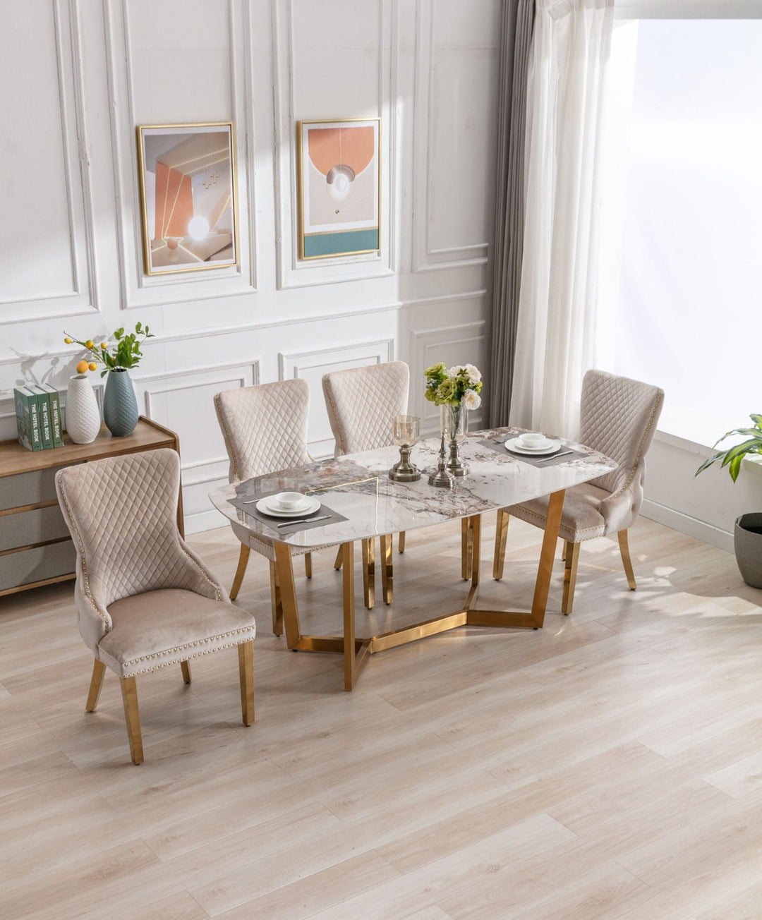Lucien 180cm Gold Oval Dining Table with Pandora Gold Ceramic Marble Top + Cream/Gold  Ring Knocker Velvet Chairs