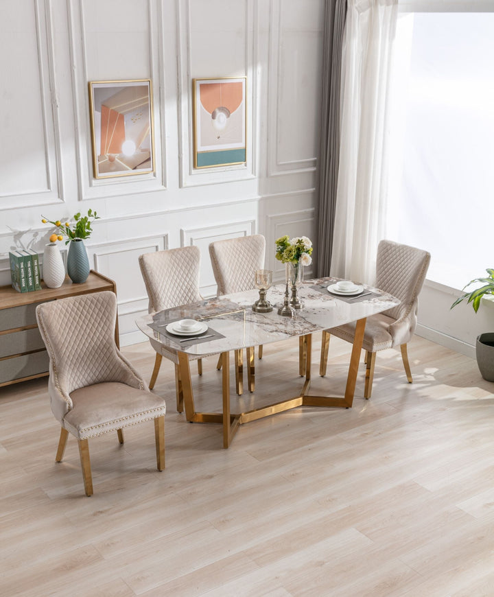 Lucien 150cm Gold Oval Dining Table with Pandora Gold Ceramic Marble Top + Cream/Gold  Ring Knocker Velvet Chairs