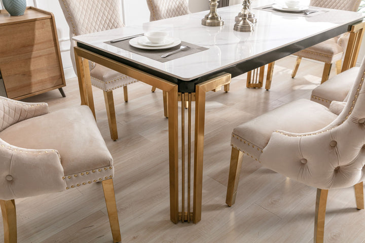 Sorrento 180cm Gold Dining Table with White Ceramic Marble Top + Cream/Gold  Ring Knocker Velvet Chairs