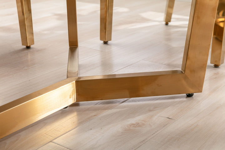 Sorrento 150cm Gold Dining Table with White Ceramic Marble Top + Cream/Gold Lion Knocker Velvet Chairs