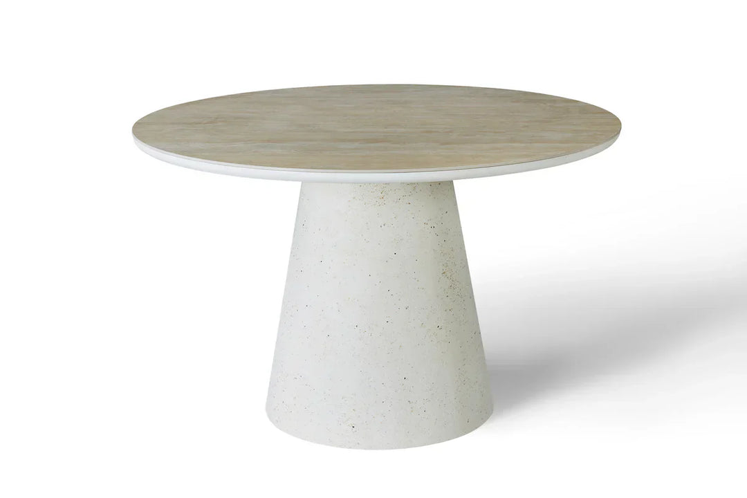 Stratos 120cm Round Ivory & Travertine Ceramic Marble Dining Table