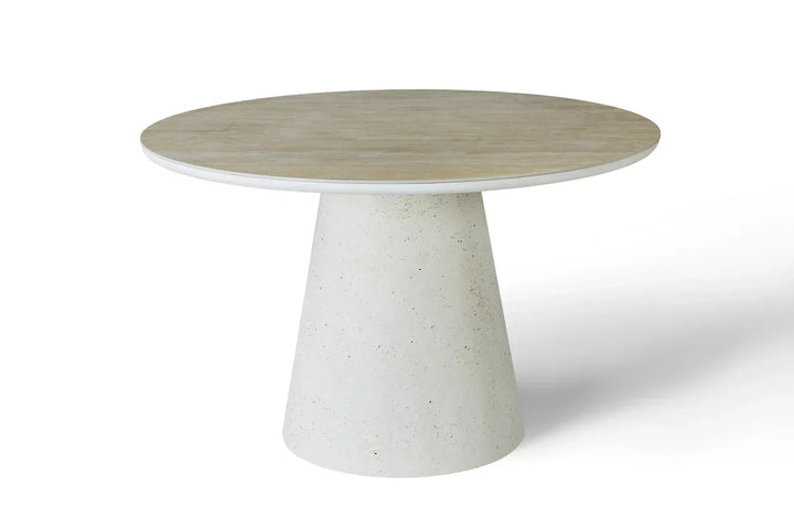 Stratos 120cm Round Ivory & Travertine Ceramic Marble Dining Table