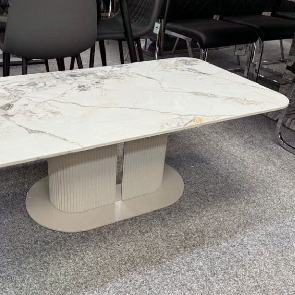 Sydney 160cm Cream Gold Ceramic Marble Dining Table With Sydney Beige Velvet 360 Swivel Dining Chairs