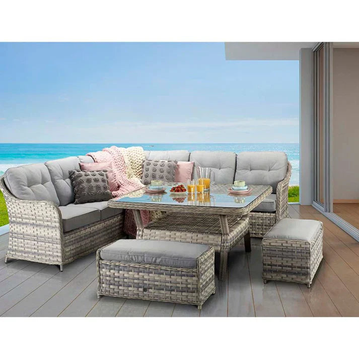 Como Garden Rattan Large Corner Sofa Dining Set in Silver Grey