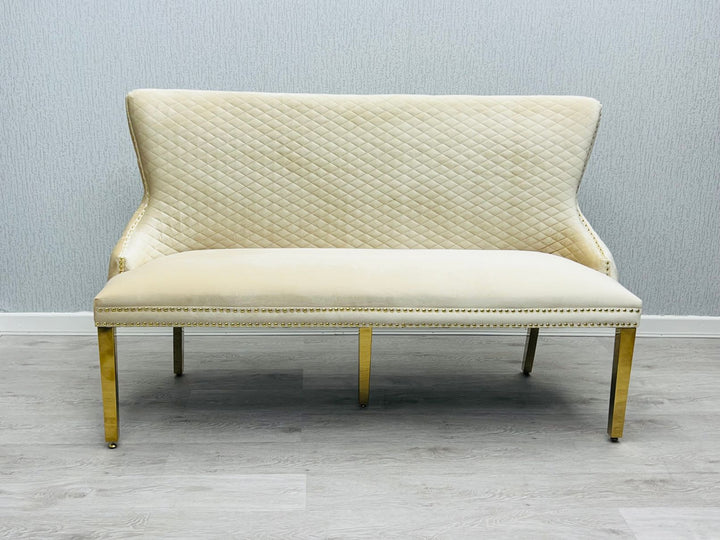 Valentino Gold Lion Knocker Quilted Tufted Cream Plush Velvet 160cm Dining Bench