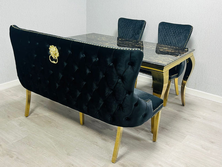 Valentino Gold Lion Knocker Quilted Tufted Black Plush Velvet 160cm Dining Bench