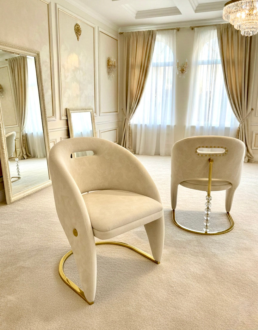 Arial Marble & Gold Dining Table With Vermont Cream Gold Velvet Dining Chairs Crystals
