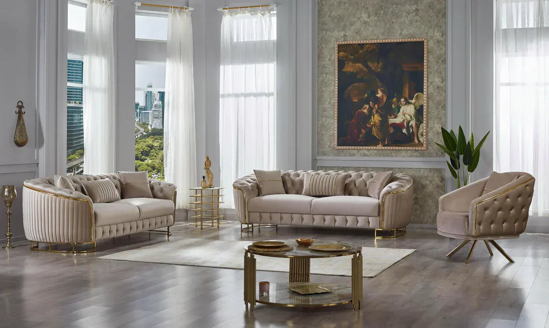 The Sienna Luxury Chesterfield Premium 3+2 Beige Gold Velvet Sofa