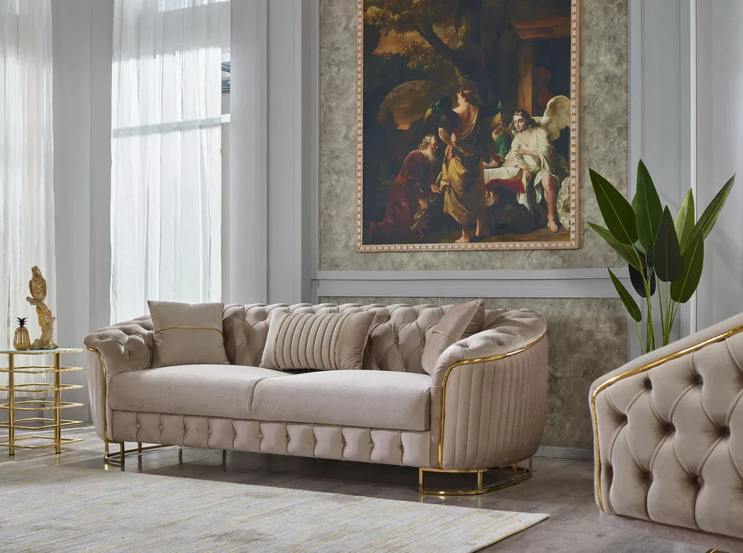 The Sienna Luxury Chesterfield Premium 3 Seater Beige Gold Velvet Sofa