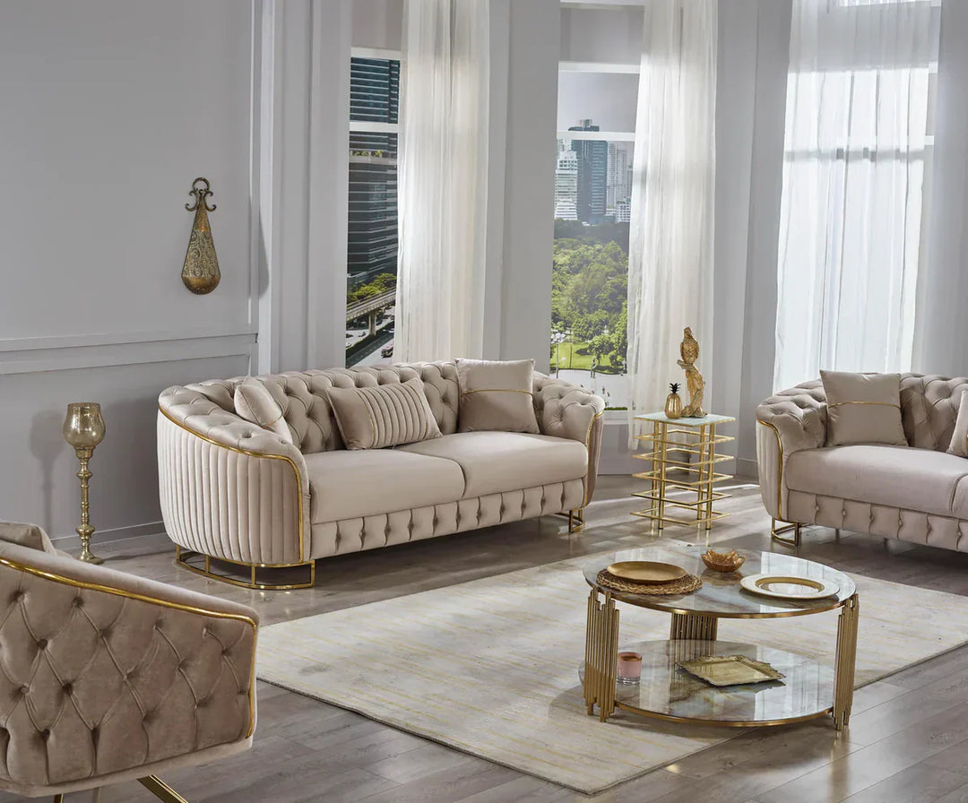 The Sienna Luxury Chesterfield Premium 3+2 Beige Gold Velvet Sofa
