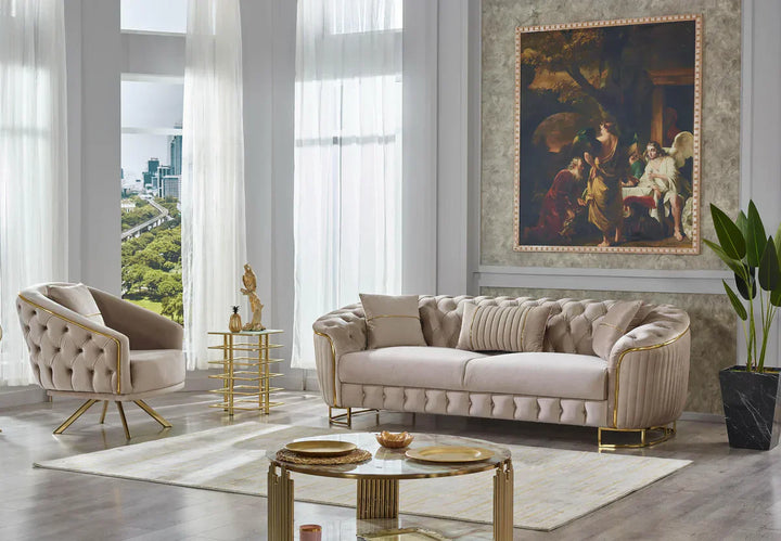 The Sienna Luxury Chesterfield Premium 3 Seater Beige Gold Velvet Sofa