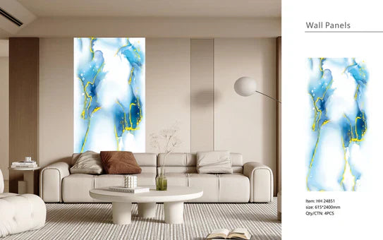 Media Wall Panels Pack Of x4 Gold Blue Marble PVC Waterproof Wall Panels 240x60cm