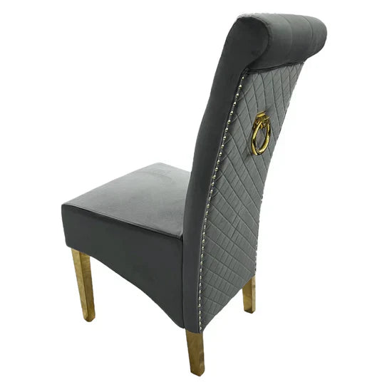 Chelsea Gold Round 130cm Marble Dining Table With Lucy Quilted Gold Ring Knocker Velvet Chairs