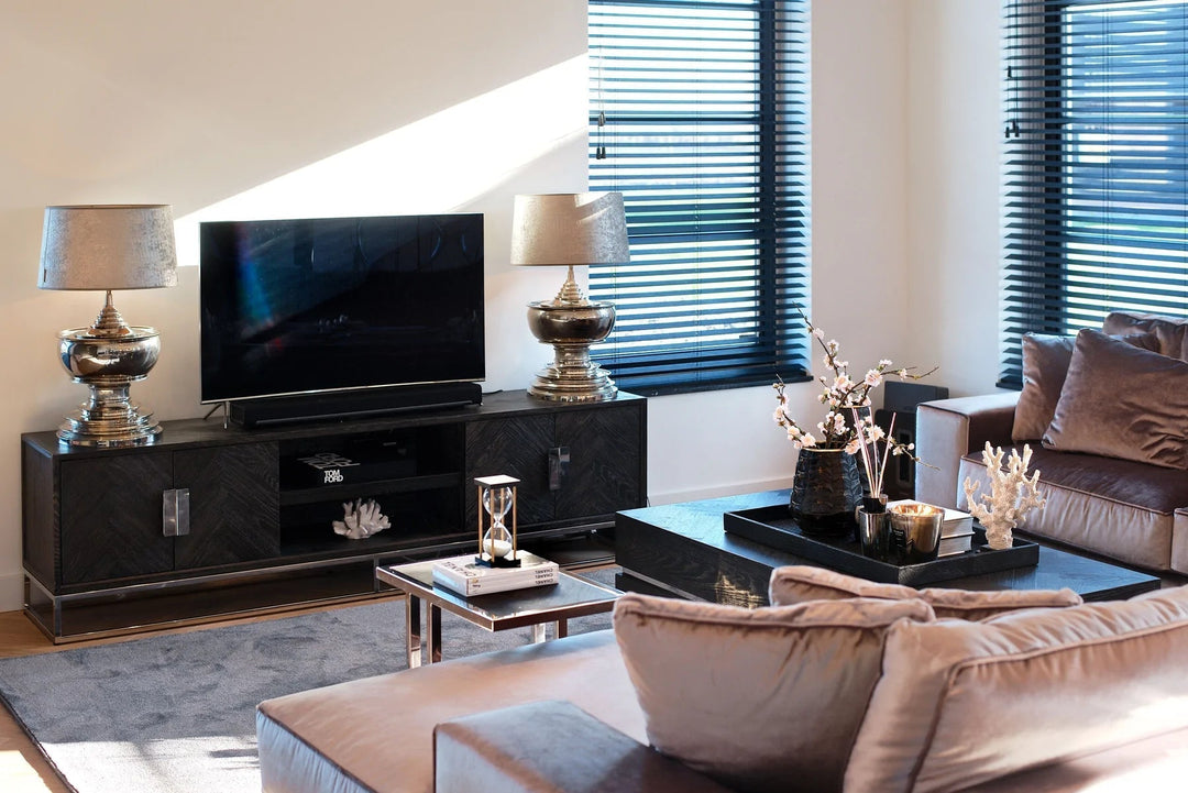 Blackbone Black Oak and Silver 4 Door TV Unit - 220cm-Belmont Interiors