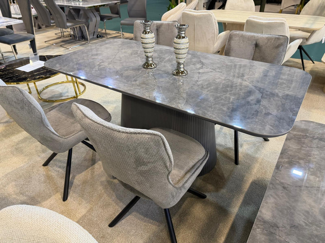 Davos 180cm Grey Ceramic Marble Dining Table With Grey 360 Swivel Velvet Dining Chairs