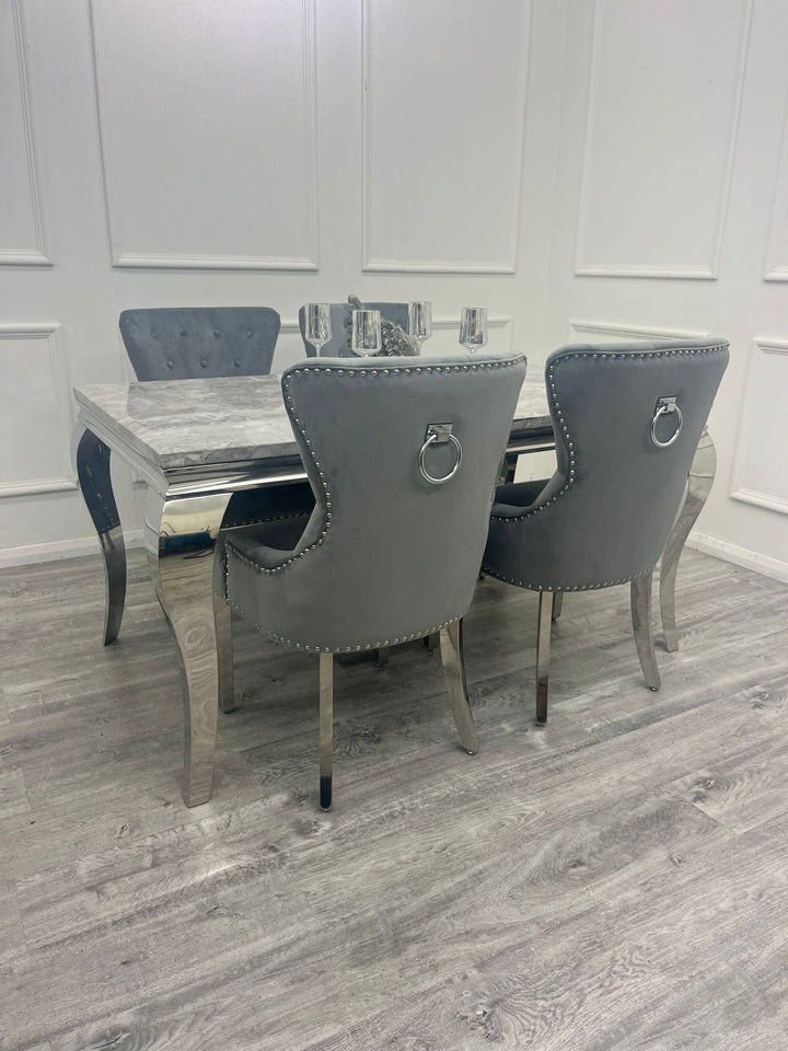 Louis Marble & Chrome Dining Table With Megan Chrome Ring Knocker Velvet Chairs
