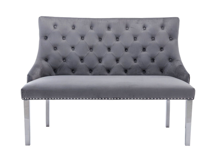 Majestic Lion Knocker Quilted High Back Grey Plush Velvet 130cm Dining Bench