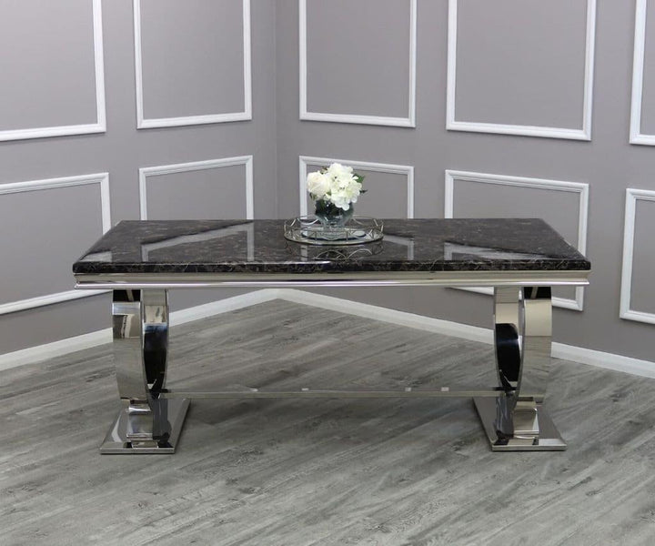 Arianna 200cm Black Marble Dining Table + Lucy Black Lion Slim Knocker Plush Velvet Chairs-Esme Furnishings