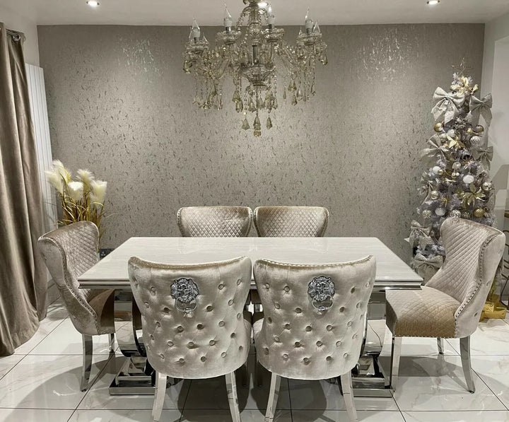 Arianna Pandora Marble & Chrome Dining Table With Valente Lion Knocker Chairs