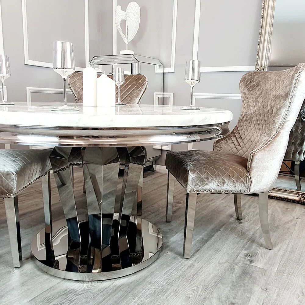 Arianna Cream Marble 180CM Dining Table + Valente Champagne Lion Velvet Chairs