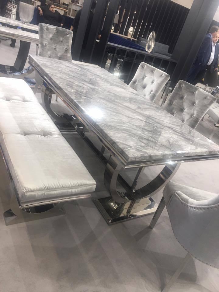 Arianna 200cm Grey Marble Dining Table + 4 Belle Velvet Dining Chairs + Bench-Esme Furnishings