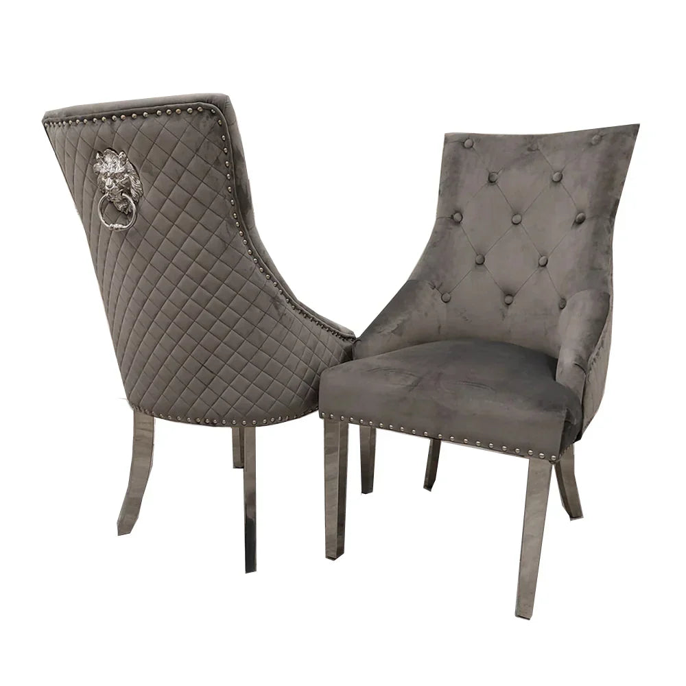 Louis 160cm Marble & Chrome Dining Table With Quilted Lion Knocker Velvet Chairs
