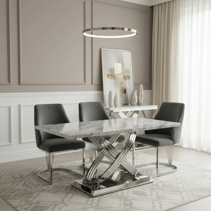 Elina 180cm Marble & Chrome Dining Table With Carlton Grey Velvet Chrome Chairs