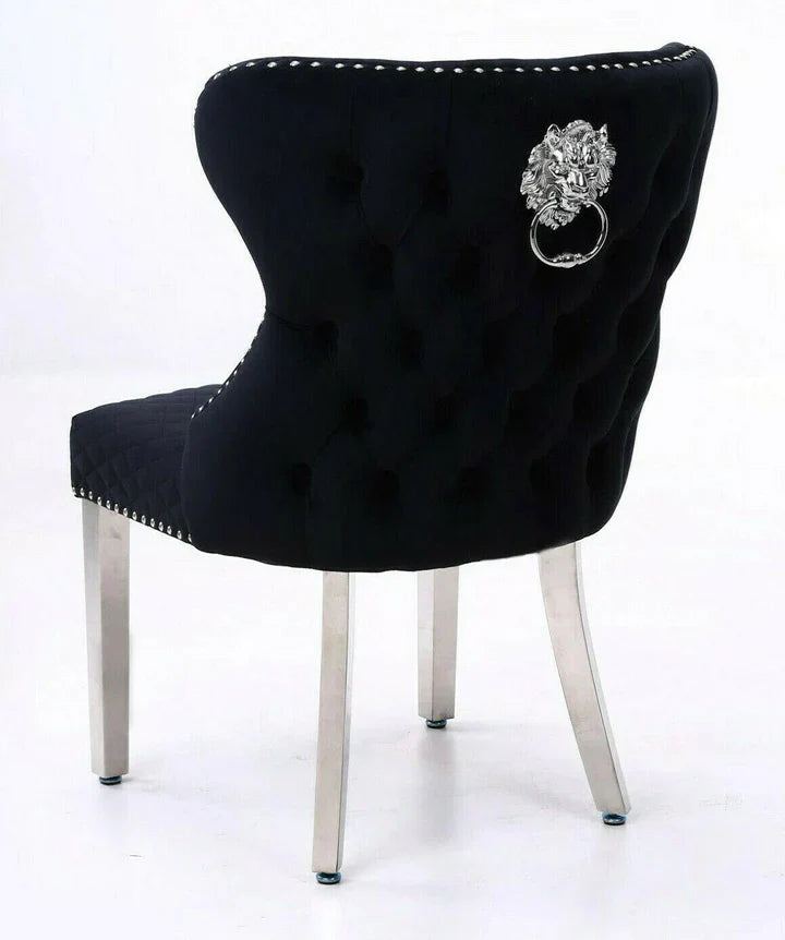 Arianna Marble & Chrome Dining Table With Valentino Lion Knocker Velvet Chairs