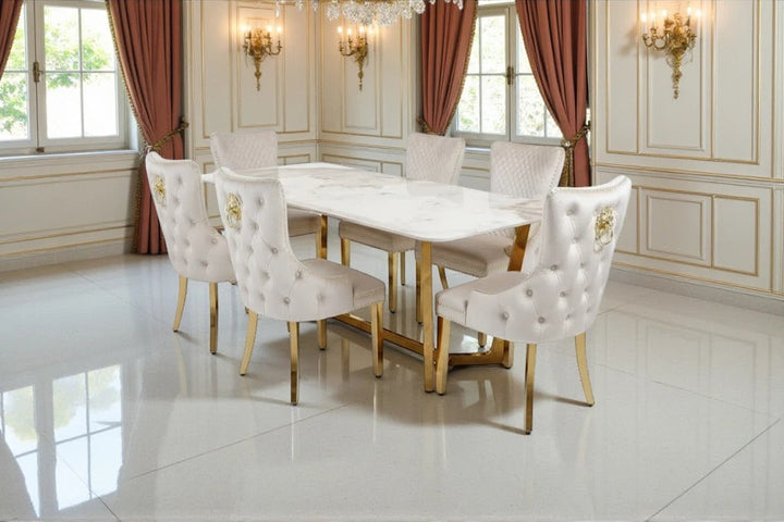 Lucien Pandora Gold Marble Dining Table With Victoria Gold Lion Dining Chairs