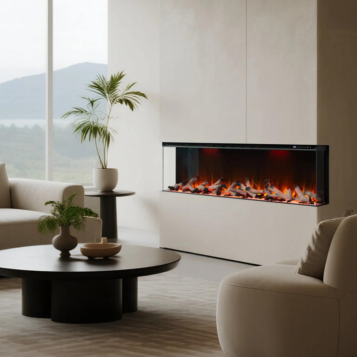 Maison 72 Inch 2025 Panoramic Smart Alexa Media Wall Fire 3 Sided Glass LED WiFi Electric UHD Fireplace