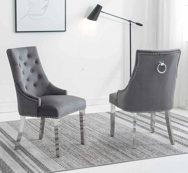 Knightsbridge Dark Grey French Velvet Knocker Back Dining Chair With Chrome Legs-Esme Furnishings