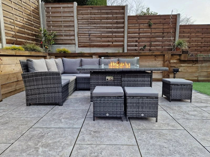 Carly Outdoor Garden Grey Rattan Corner Sofa Dining Fire Pit Set