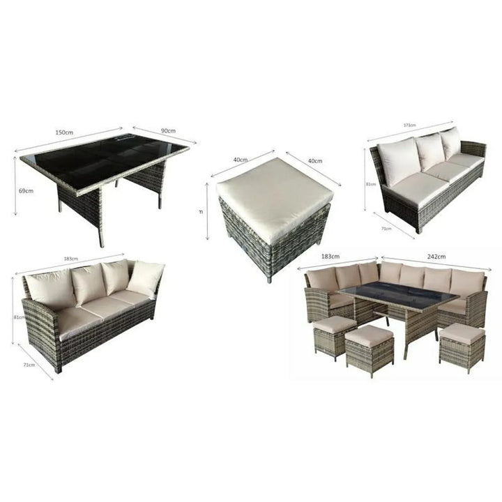 Carly Outdoor Garden Grey Rattan Corner Sofa Dining Fire Pit Set