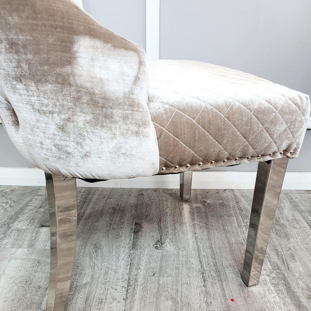 Valente Champagne Mink Velvet Fabric Button Back Lion Knocker Quilted Dining Chair-Esme Furnishings