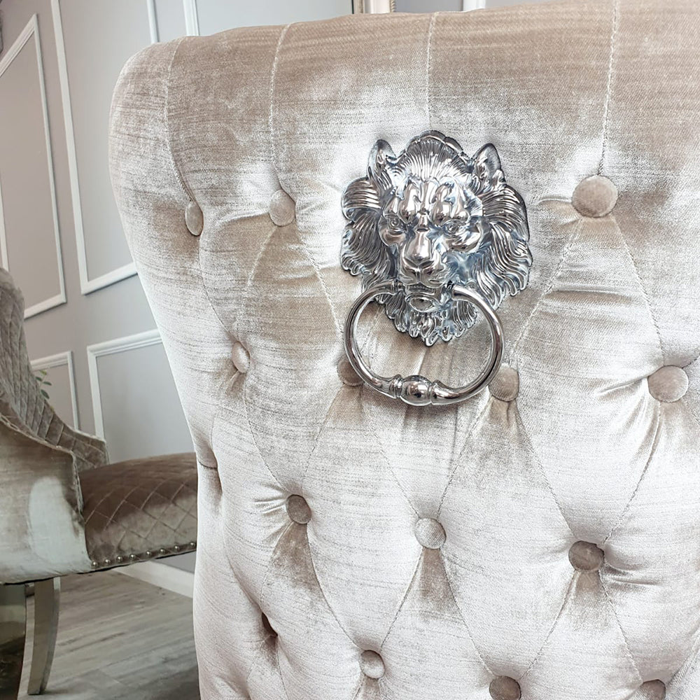 Arianna Cream Marble 180CM Dining Table + Valente Champagne Lion Velvet Chairs