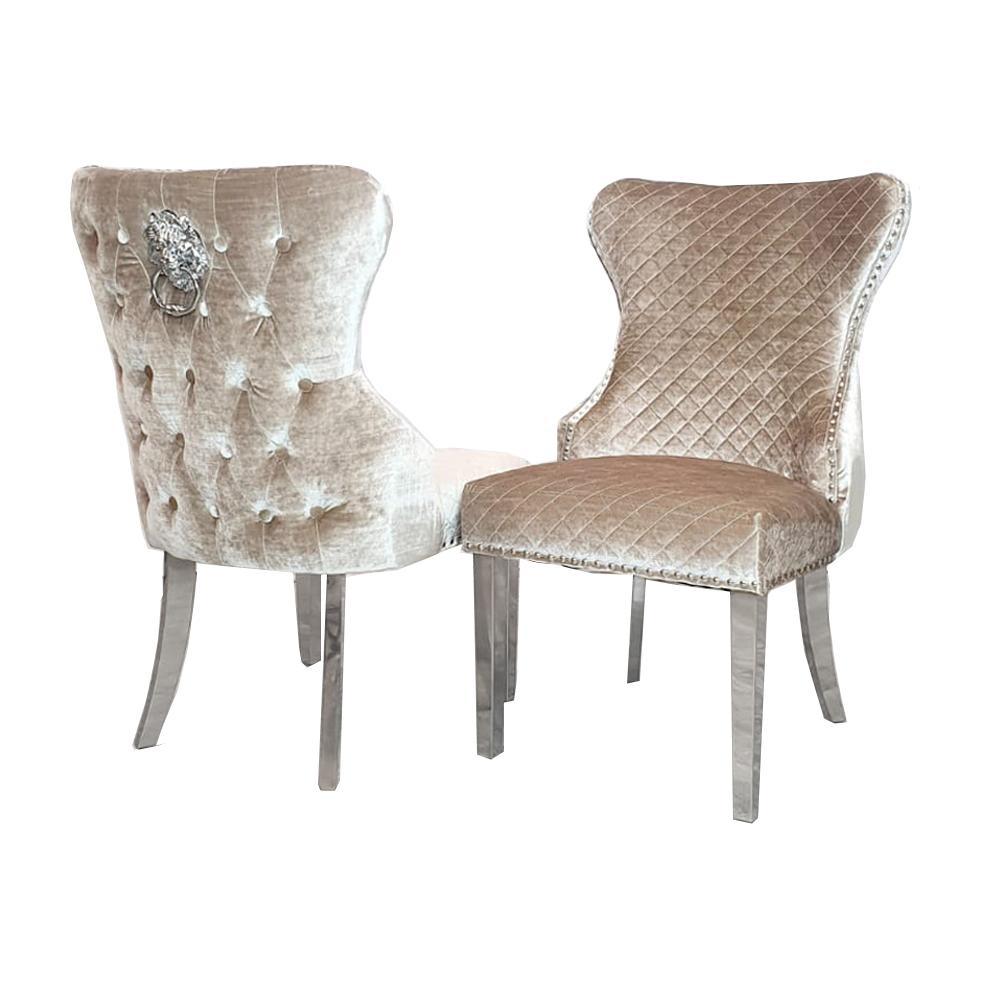 Valente Champagne Mink Velvet Fabric Button Back Lion Knocker Quilted Dining Chair-Esme Furnishings
