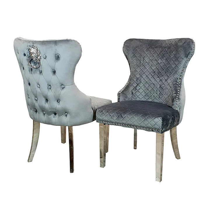 Louis Pandora Gold Chrome Marble Dining Table And Valente Shimmer Lion Dining Chairs